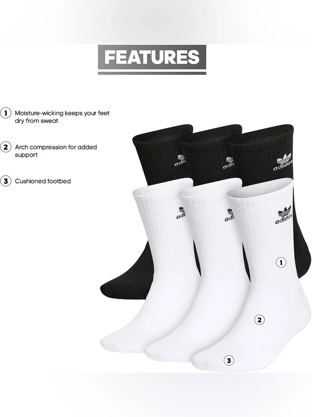 Size M Adidas Originals Trefoil Cushioned Crew Socks 6-Pack White/ Black